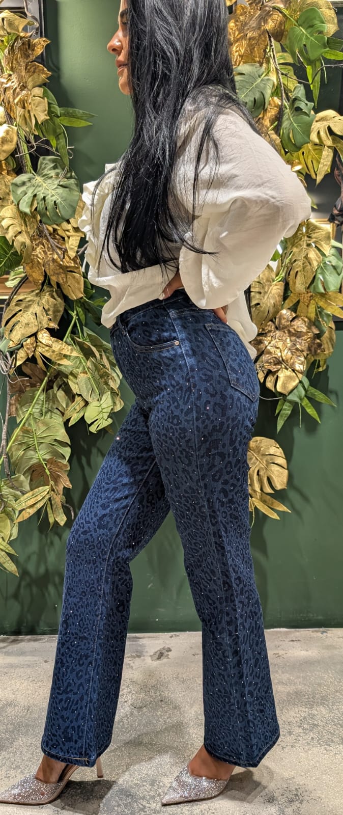 Pantaloni donna con stampa animalier e strass , gamba tubolare