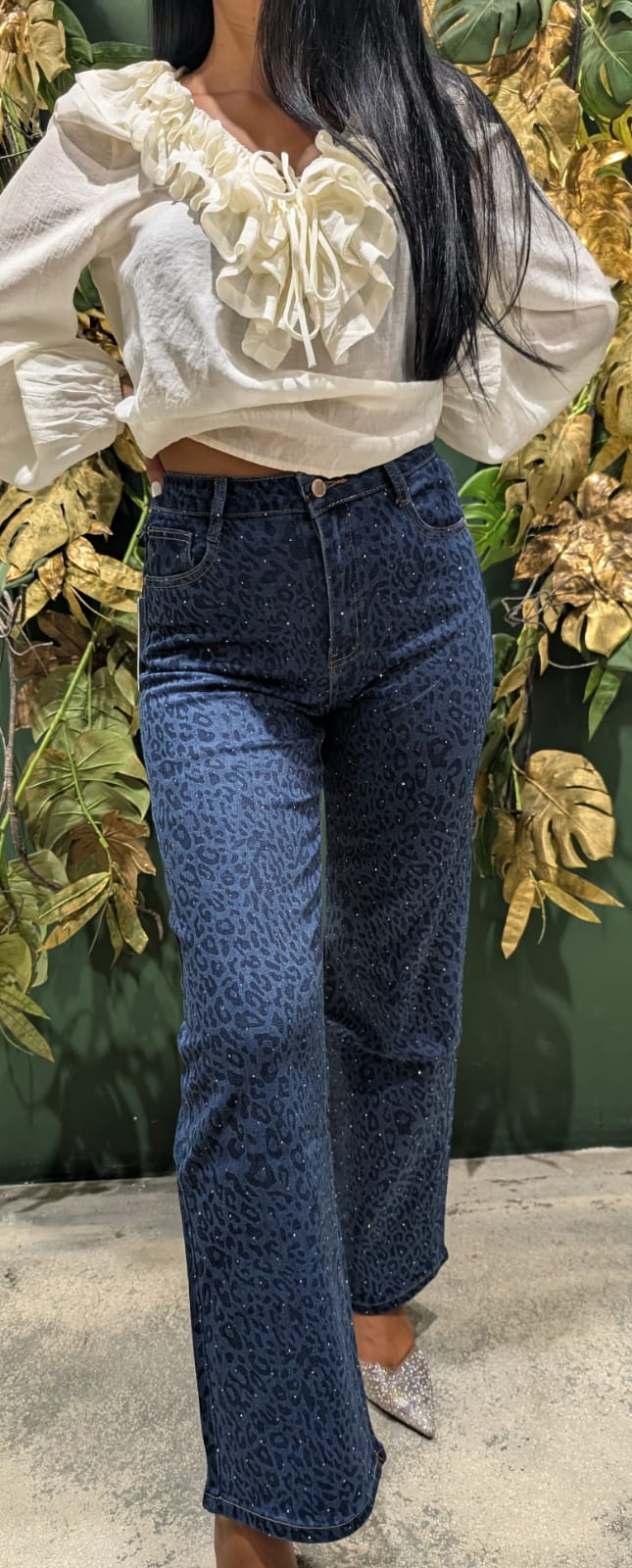 Pantaloni donna con stampa animalier e strass , gamba tubolare