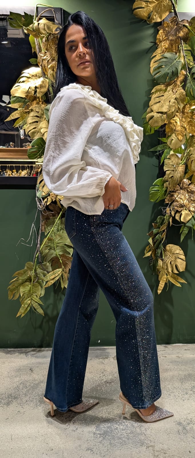 Jeans donna con strass gamba  tubolare