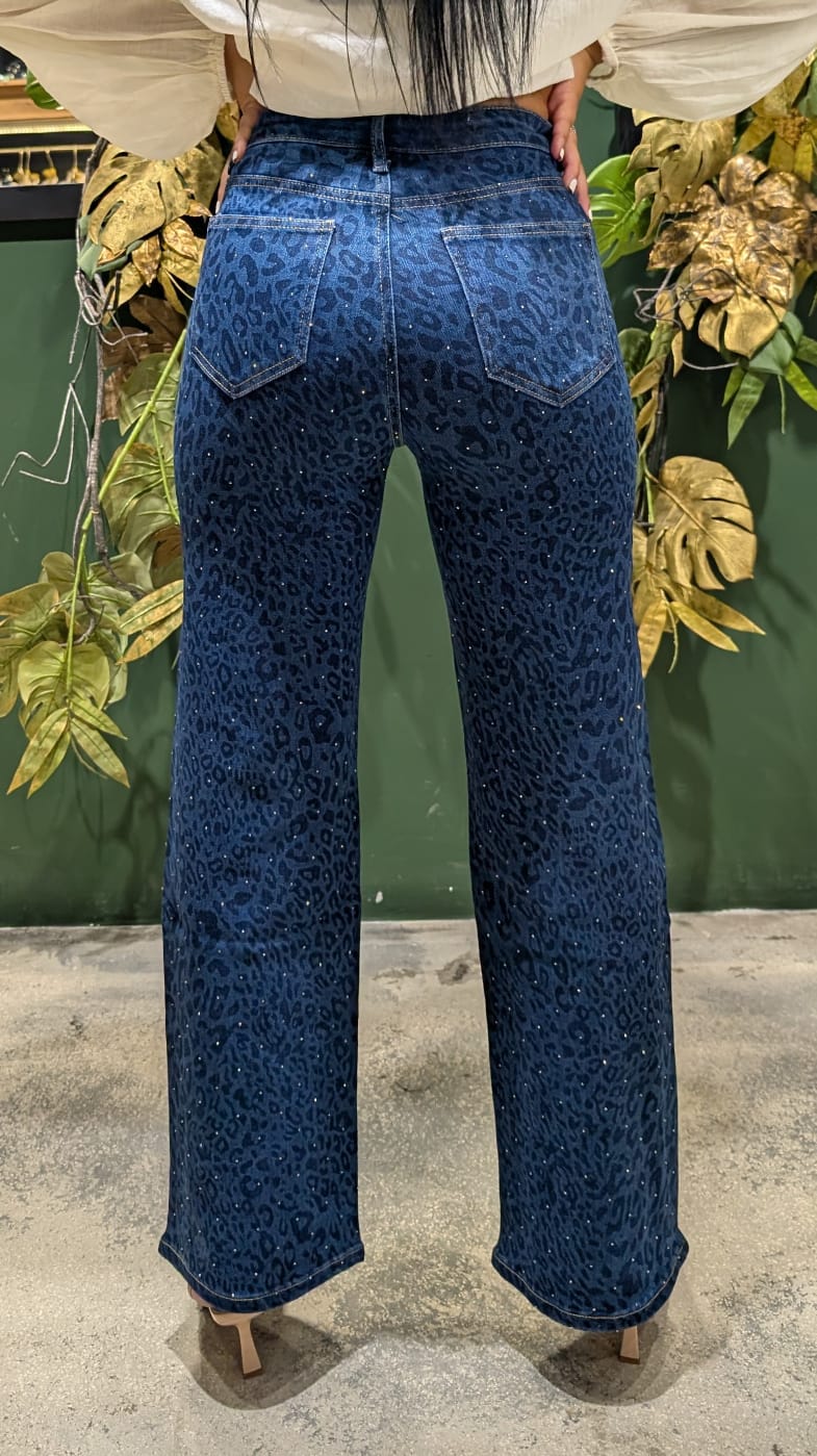 Pantaloni donna con stampa animalier e strass , gamba tubolare